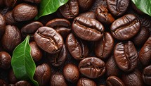  Fresh roasted coffee beans among vibrant green leaves