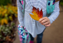 a girl holding a lunchbox and fall leaf