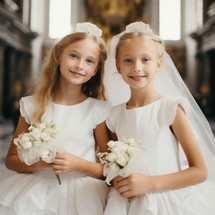 The religious service where young girls in white dresses partake in their first communion in a flower-adorned church