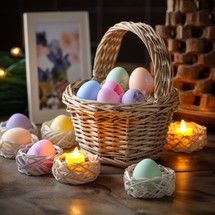 Colorful Easter eggs displayed in a decorative arrangement with a lit church candle.