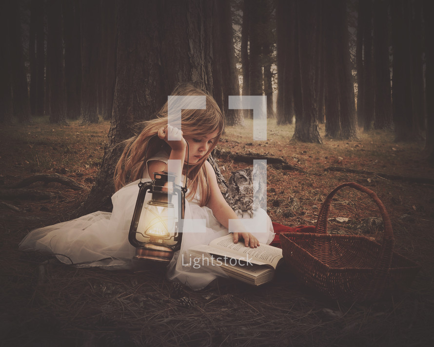 a girl reading in a forest with a lantern 