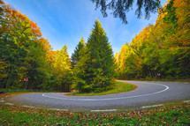 hairpin turn on a road through an autumn forest 