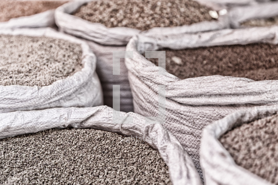 sacks of grains and spices 