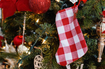 red and white plaid Christmas stocking 