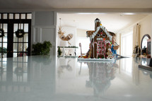 gingerbread house on a kitchen countertop 