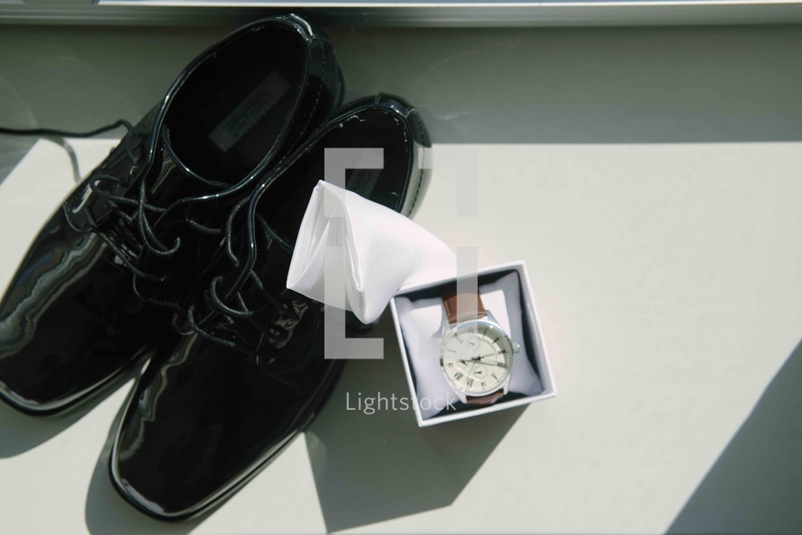 handkerchief, dress shoes, and watch