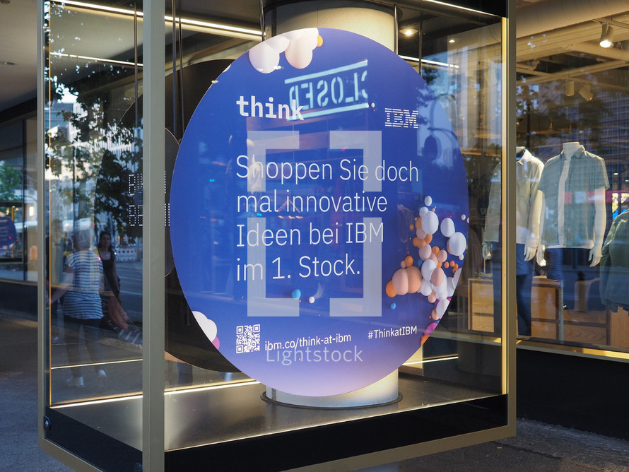 BERLIN, GERMANY - CIRCA JUNE 2019: Think IBM store. German text means Shop for innovative ideas at IBM at 1st floor