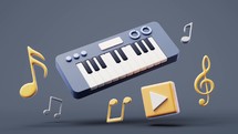 Loop animation of music instruments with cartoon style, 3d rendering.
