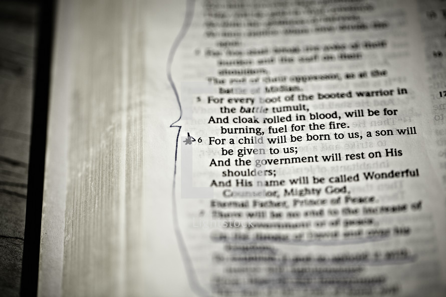 A closeup of the scripture Isaiah 9:6 in the Bible