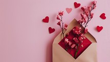 Valentine's day concept. Greeting card with envelope, flowers and hearts on pink background