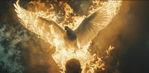 A fiery dove hovers over a man
