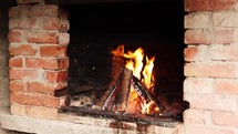 Wood fire burning in an outdoor brick fireplace.