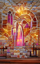 "altar call" - warm color mosaic stained glass art effect, created with AI input and further editing