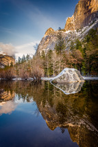 Yosemite mirror lake and snow on cliffs 