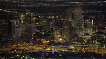 Aerial view of Staples Center Los Angeles Skyline Night Drone shot 4k	