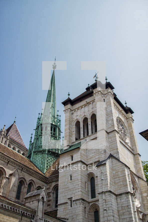 steeple and bell tower of a church in Switzerland 