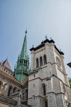 steeple and bell tower of a church in Switzerland 