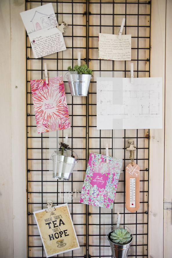 notes, cards, and hanging plants on a wall display 