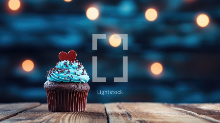 Cupcake with heart on top and bokeh lights on background