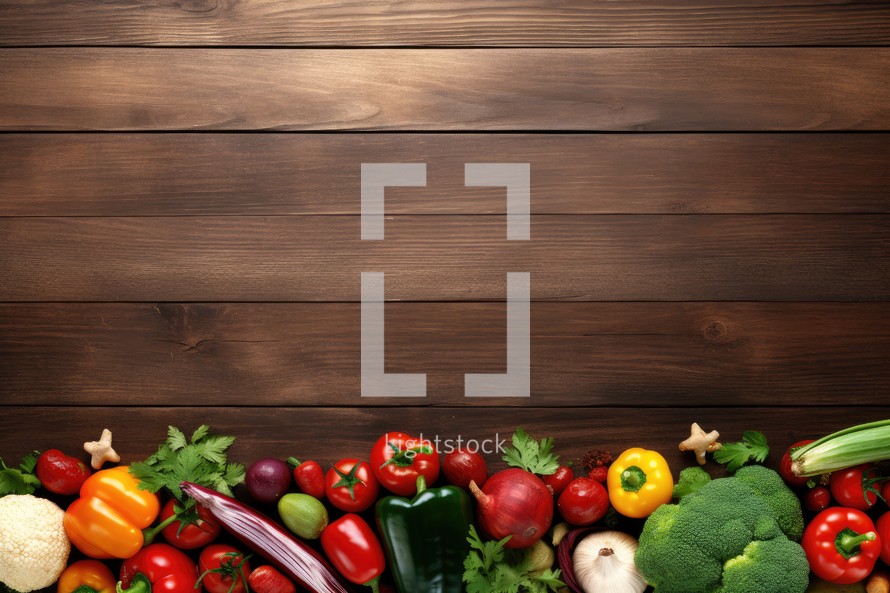 Fresh vegetables on wooden background. Healthy food concept. Top view with copy space