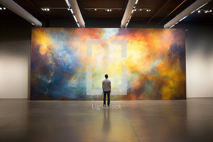 Faith. Heavenly background. Man looking at abstract painting of the heavens on wall in art gallery, rear view