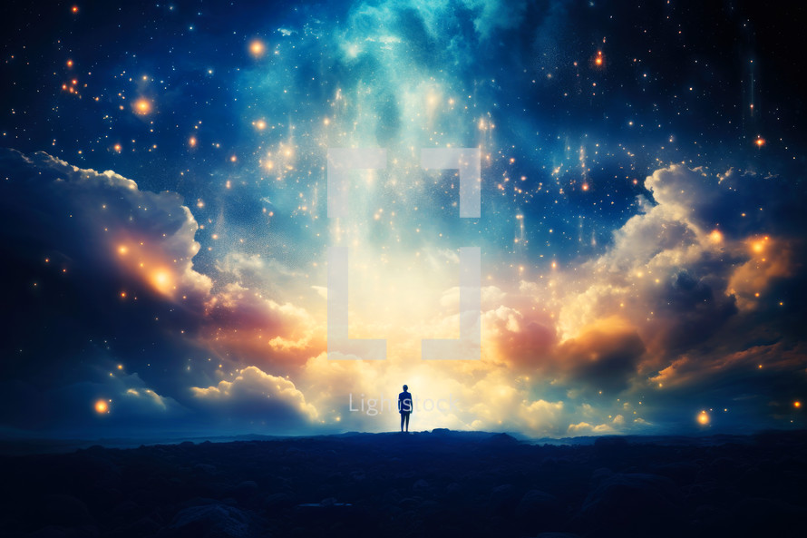 Faith. Heavenly background. Man standing on the background of the heavens with clouds and light rays