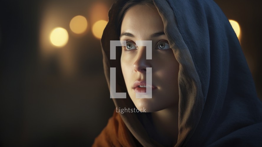 Portrait of a beautiful young woman with blue eyes wearing a hood. Nativity