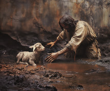 Jesus rescuing a lamb stuck in the mud