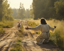 Sheep run towards Jesus