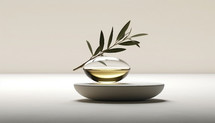 Bottle of olive oil perfume. AI generative
