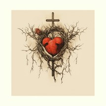 The Sacred Heart, a cross, heart and crown of thorns on a white background.