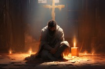 Man praying in front of a cross and burning candles in the church