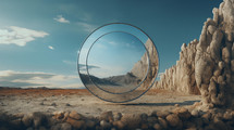 Round mirror in the middle of the desert. Reflection and future concept.