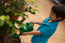 boy child watering a tree with a watering can 