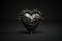 The Sacred Heart, a heart with crown of thorns on dark background. 3d illustration