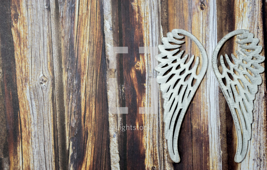 angel wings on a wood background 