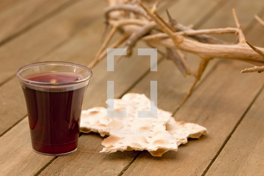 crown of thorns, communion bread and wine cup 