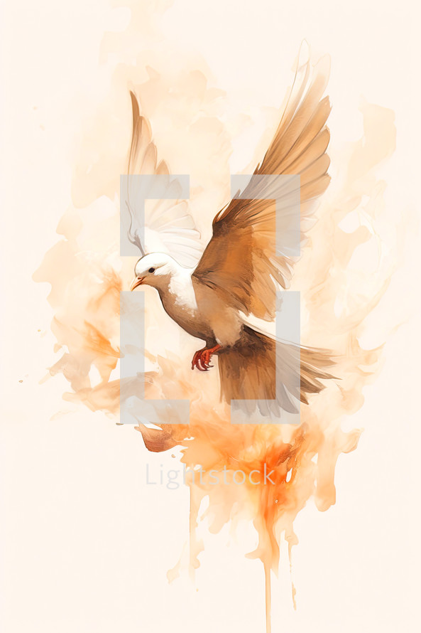 Winged dove in flames, a representation of the New Testament Holy Spirit with a watercolor background