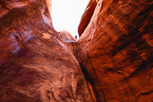 a person scaling a red rock cliff 