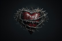 The Sacred Heart, a red heart with crown of thorns on dark background