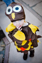  a child dressed in an owl costume 