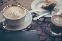 cappuccino, espresso, and coffee cake 