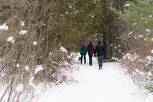 people walking through a forest in snow 