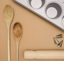 wooden spoon, muffin tin, and rolling pin 