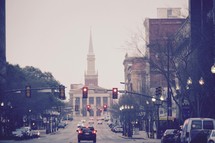 view of a church at the end of a city street in downtown Shreveport, Louisiana 