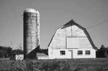 Old Barn and Silo in black and white 