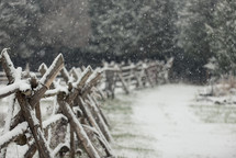 snow on a fence line 