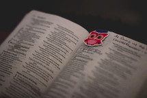 bookmark on the pages of a Bible 