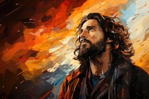 Painting of Jesus Christ on colorful abstract background with copy space, digitally created illustration