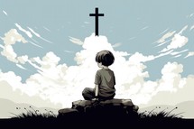 Illustration of a boy sitting and praying on a rock with a cross in the background
